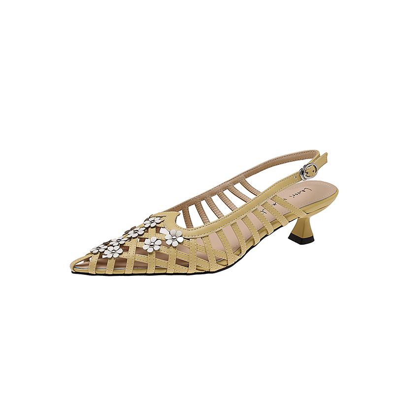 Women'S Shoes Kitten Heels - Echtes Leder, Schaffell, Blumen-Damensandalen, gewebt, hohl,